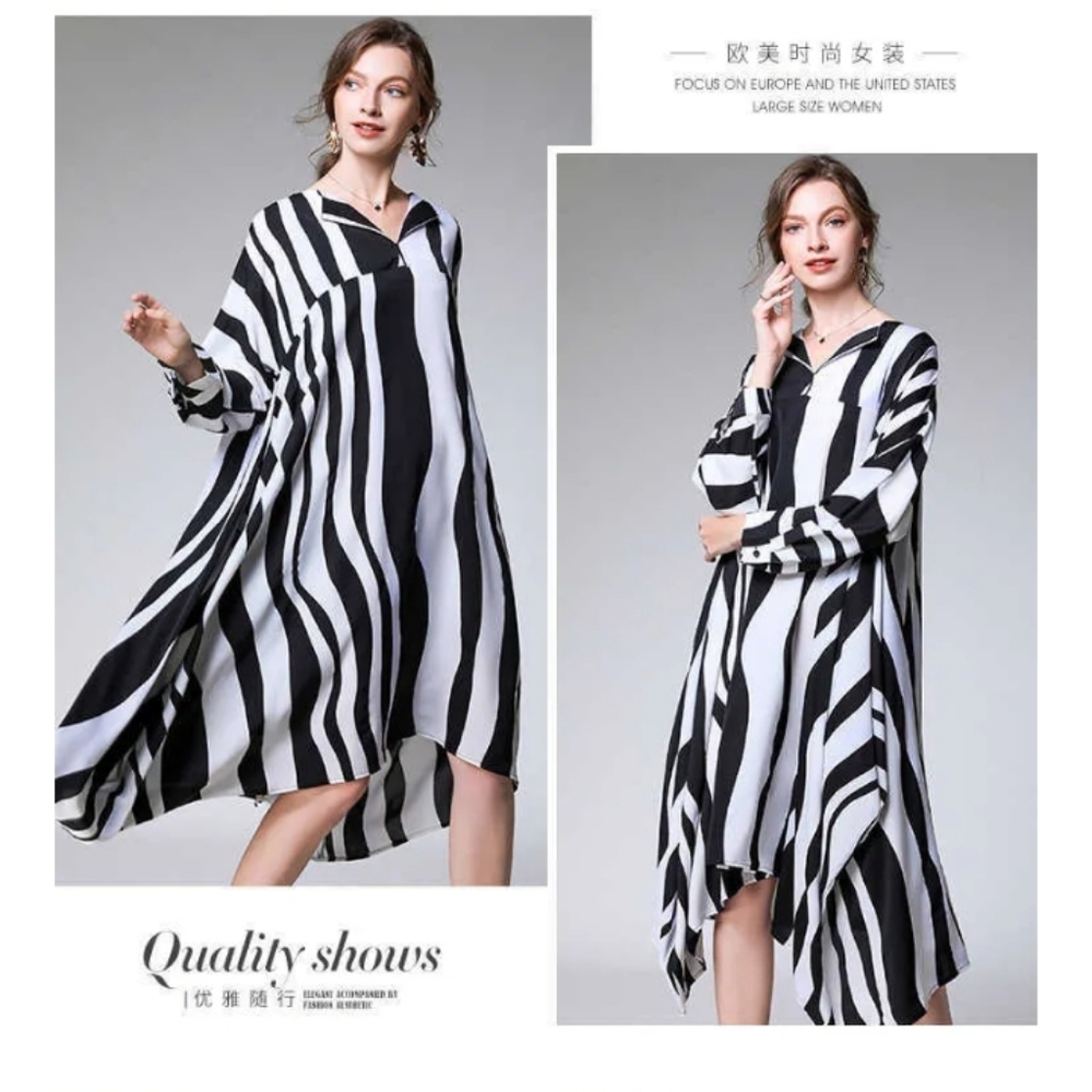 EUC Vtg p Striped Print Plus Sized V Neck Batwing Sleeve Loose Art Dresses